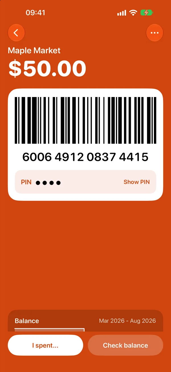 Leftover card at the register: Maple Market, $50.00, barcode and card number 6006 4912 0837 4415