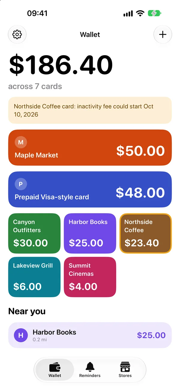Leftover wallet: $186.40 across 7 cards, one inactivity fee warning